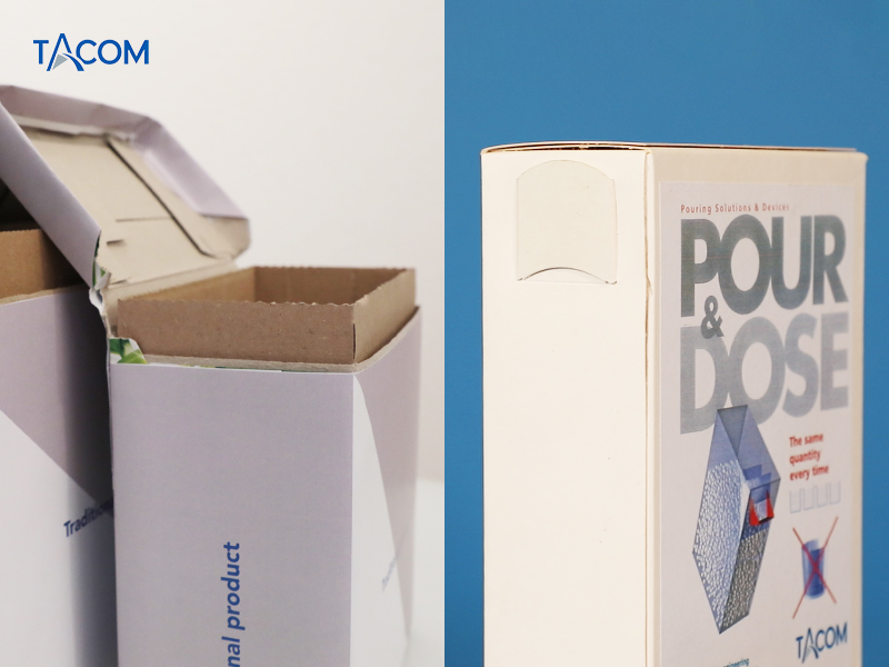 “Flip Top” paperboard pack vs folding carton with Tacom spout. 